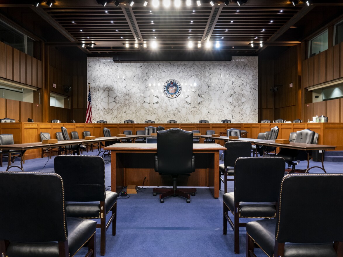 The witness table for Supreme Court nominee Ketanji Brown Jackson's confirmation hearing is seen in the Senate Judiciary Committee hearing room on Capitol Hill. Judge Jackson, who sits on the federal appeals court, would replace retiring Justice Stephen Breyer. The hearings will begin March 21.